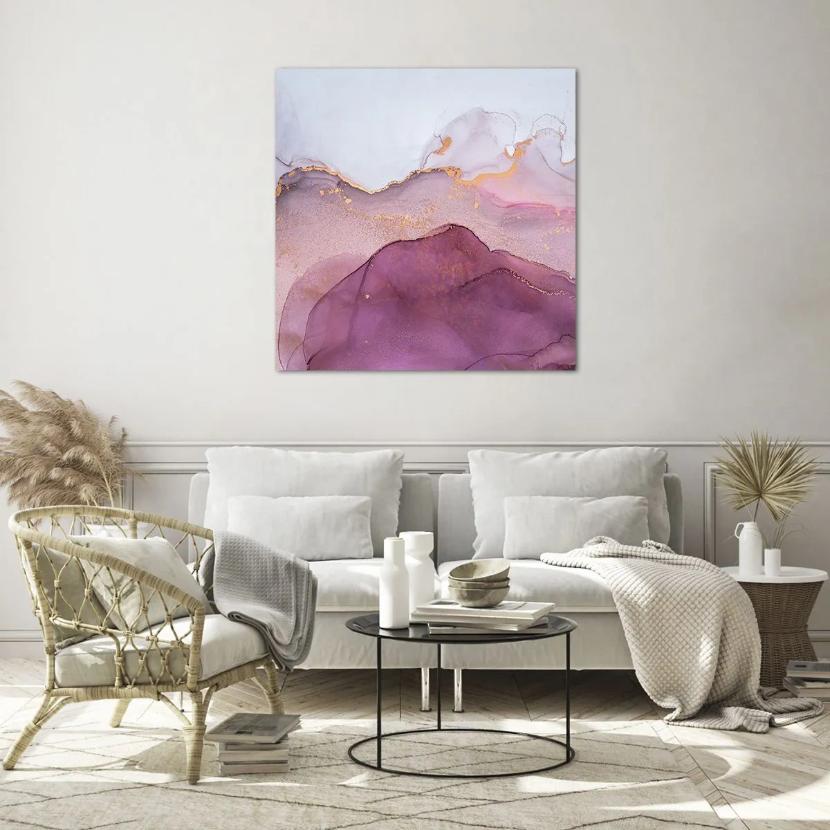 Quadro em vidro - Ondas de lilás e roxo - 40x40 cm