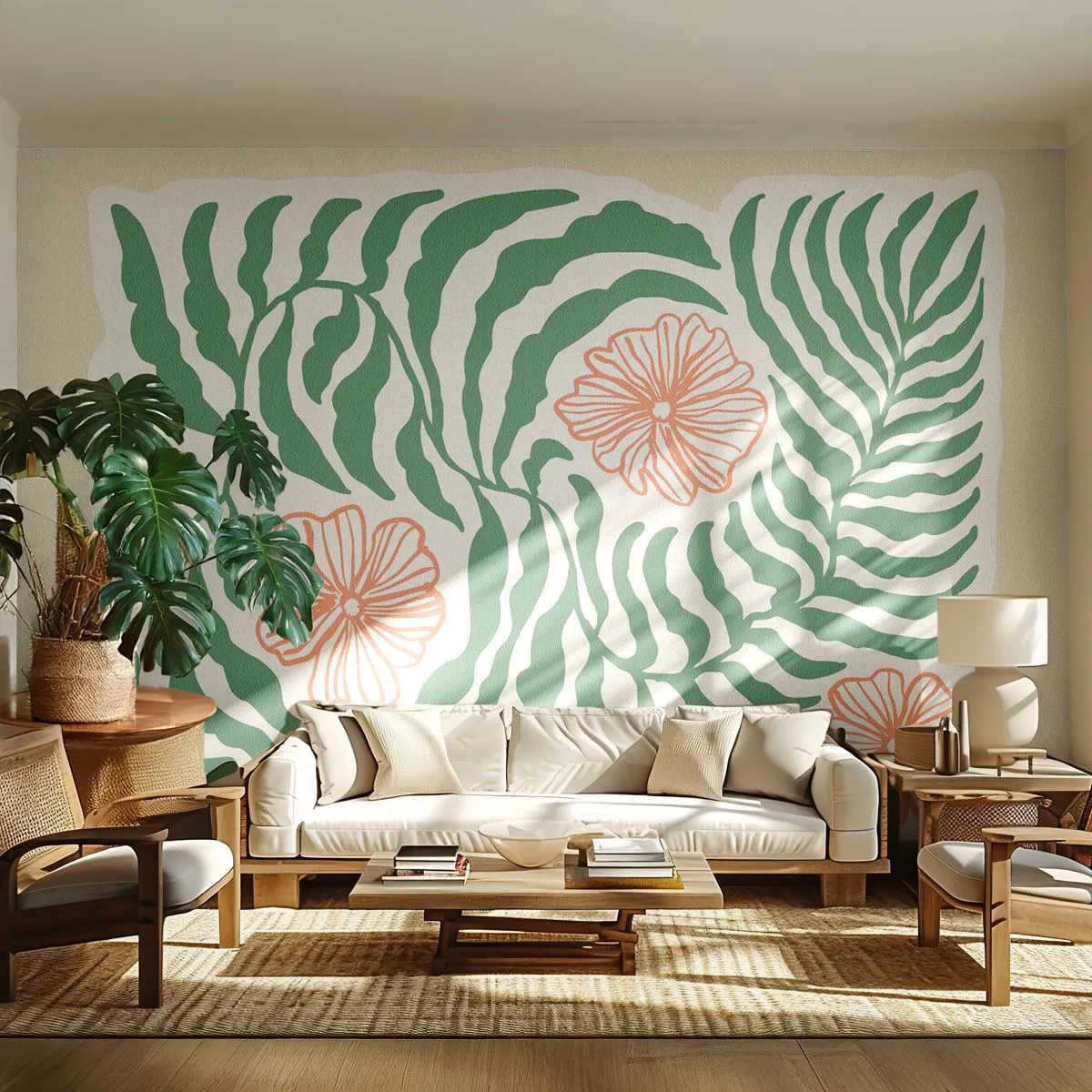 Papel de Parede Premium Canvas - Florescendo em verde - Boho, Botânico, Flores - 200x140 cm