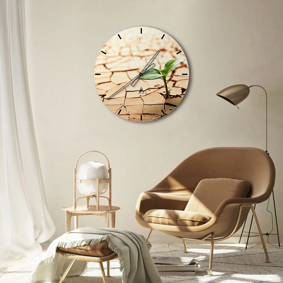 Relógio de parede - Relógio em vidro - Um broto verde crescendo na terra seca - 30x30cm - A força indomável da vida - Decoração de parede moderna para a sala de estar, cozinha e quarto ARTTOR