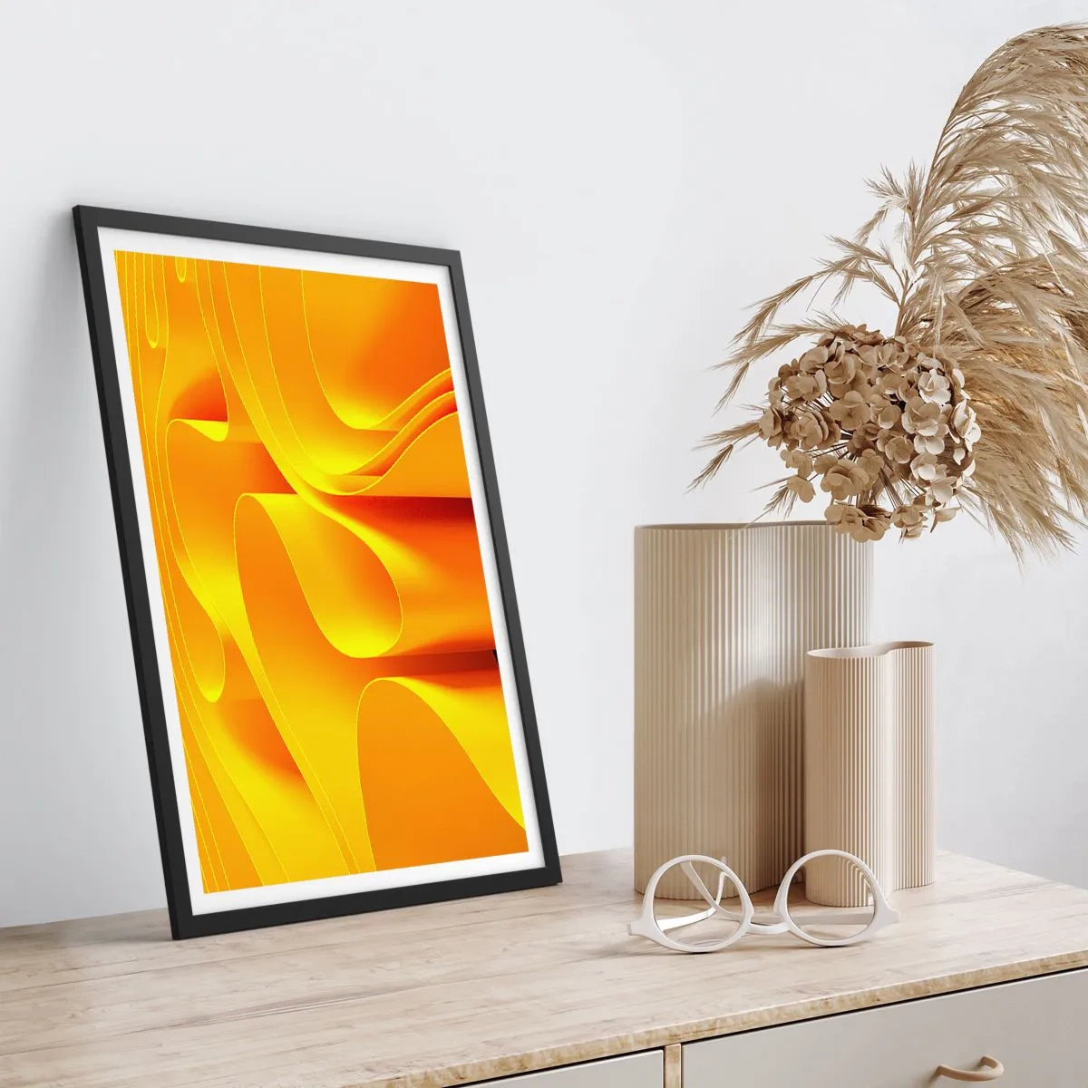 Pôster com moldura preta - Uma composição abstrata em tons de dourado e laranja - 50x70cm - Como as ondas do sol - Decoração de parede moderna para a sala de estar e quarto ARTTOR