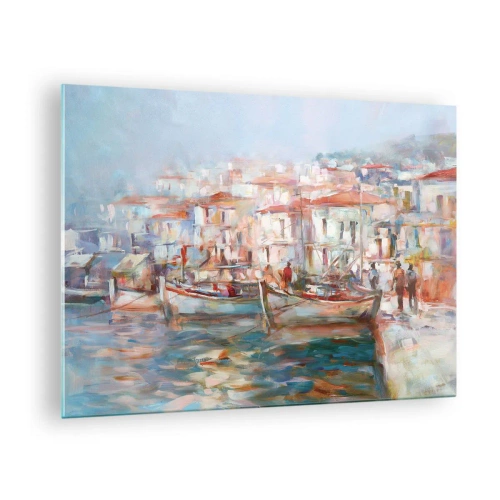 Quadro em vidro - Um porto pitoresco com barcos em tons pastel - 70x50cm - Férias em pastel - Decoração de parede moderna para a sala de estar e quarto ARTTOR