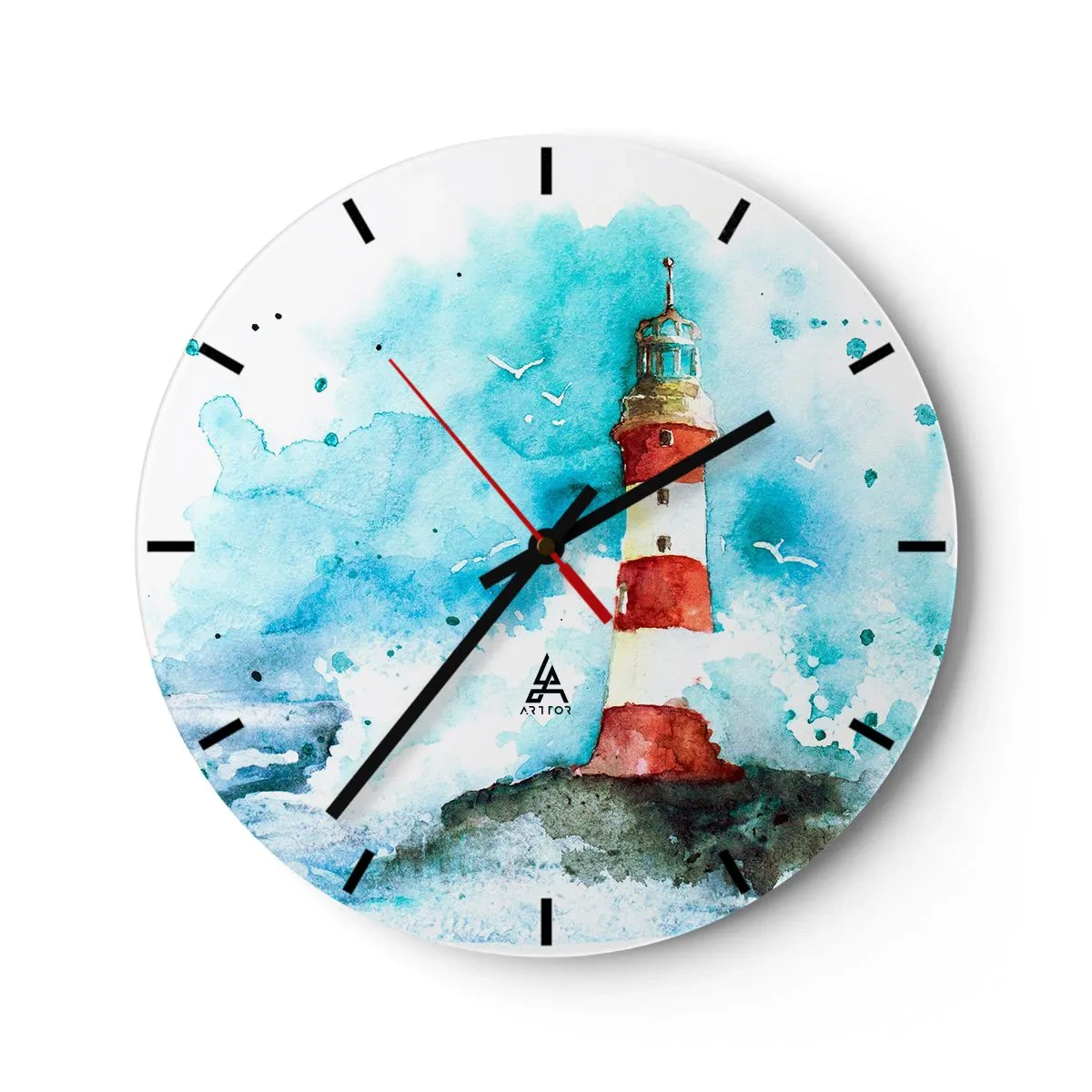 Relógio de parede - Relógio em vidro - Um farol contra um céu de aquarela - 30x30cm - Unidade dos elementos da natureza - Decoração de parede moderna para a sala de estar, cozinha e quarto ARTTOR