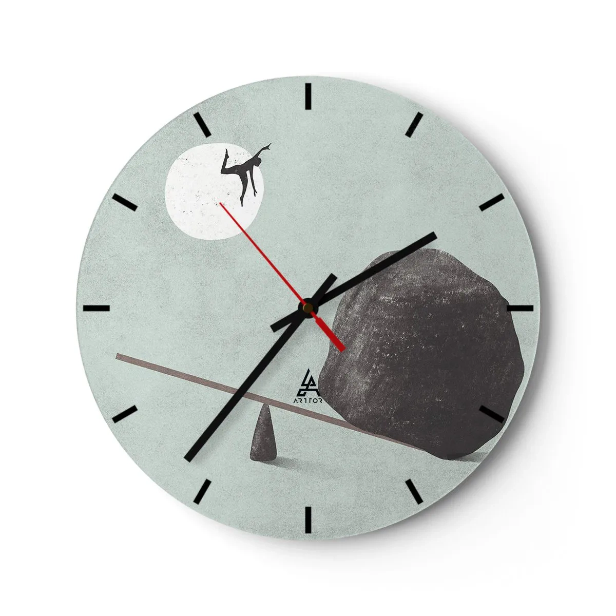 Relógio de parede - Relógio em vidro - Um personagem é catapultado de uma gangorra por uma rocha em direção à lua. - 30x30cm - Um sonho tornado realidade - Decoração de parede moderna para a sala de estar, cozinha e quarto ARTTOR