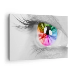 Quadro em tela - Foto artística de um olho com uma íris de arco-íris em um fundo cinza - 70x50cm - Olhar para o mundo a cores - Decoração de parede moderna para a sala de estar e quarto ARTTOR