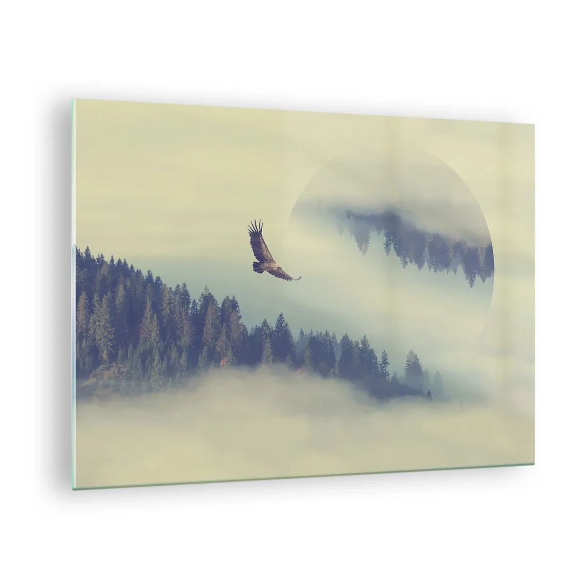 Quadro em vidro - Uma águia voando sobre uma floresta envolta em névoa com um reflexo surreal. - 70x50cm - Eu vi a sombra de uma águia - Decoração de parede moderna para a sala de estar e quarto ARTTOR