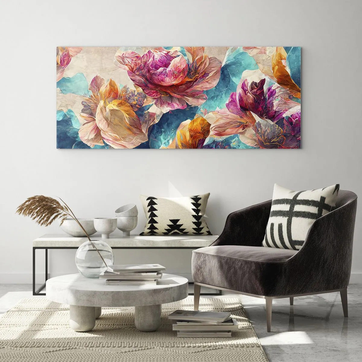 Quadro em vidro - Esplendor colorido do buquê - 100x40 cm