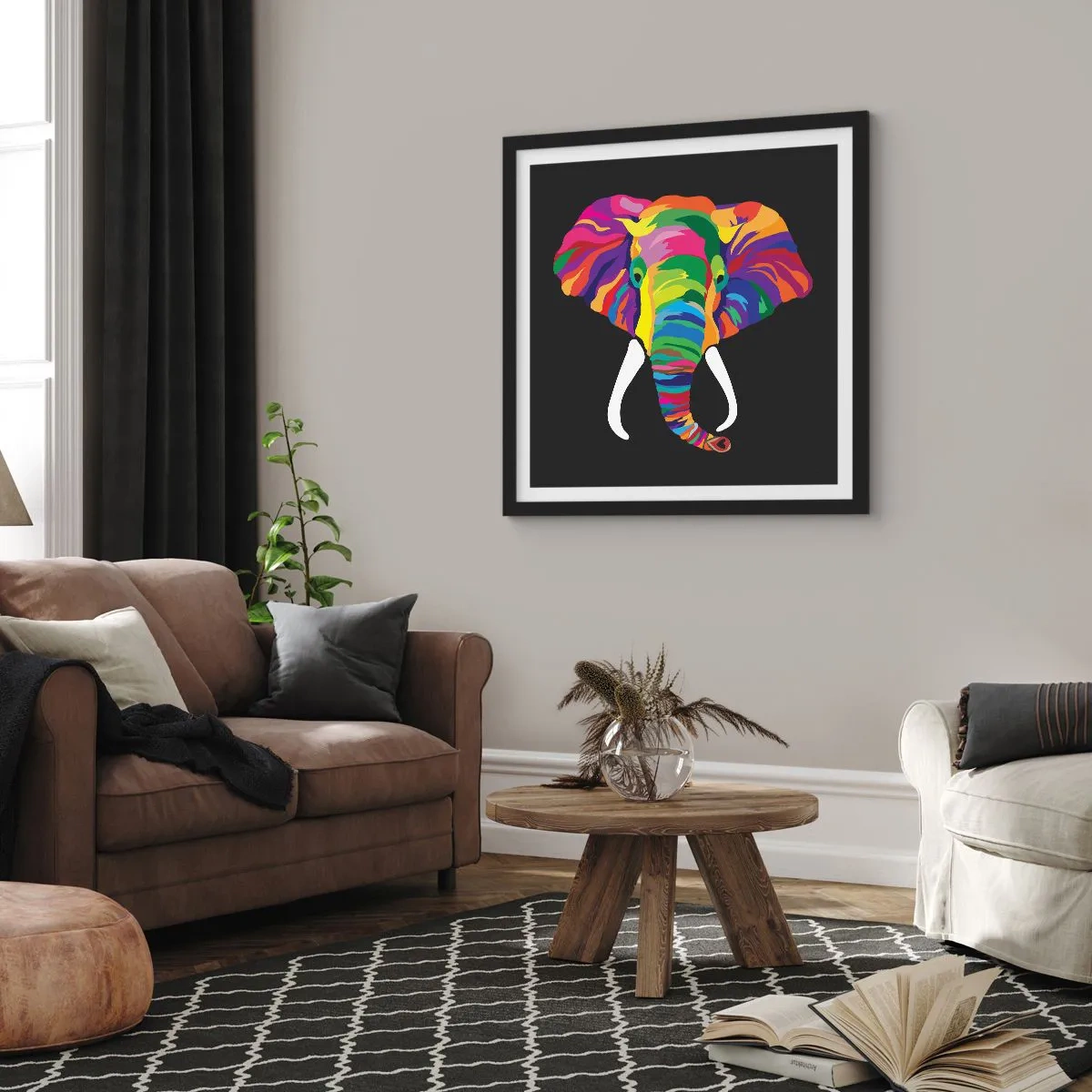 Pôster com moldura preta - O elefante que adorava banhar-se no arco-íris - 60x60 cm