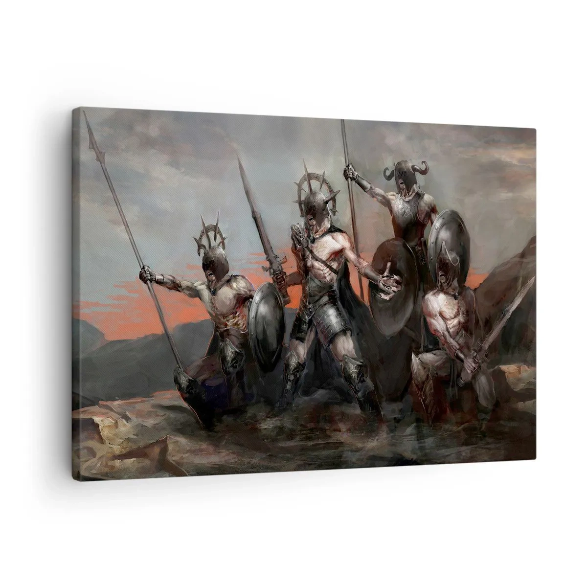 Quadro em tela - Um grupo de guerreiros em armaduras com lanças contra o pôr do sol - 70x50cm - Com ou em um escudo - Decoração de parede moderna para a sala de estar e quarto ARTTOR