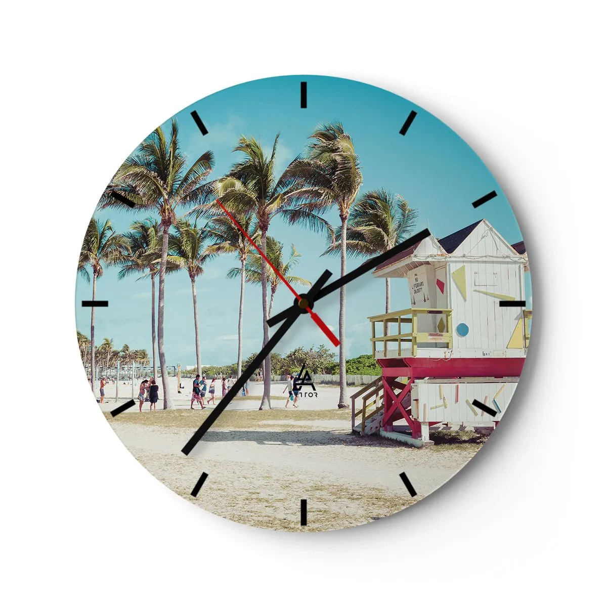 Relógio de parede - Relógio em vidro - Miami Beach com palmeiras e um prédio colorido de salva-vidas - 30x30cm - Um belo dia pela frente - Decoração de parede moderna para a sala de estar, cozinha e quarto ARTTOR