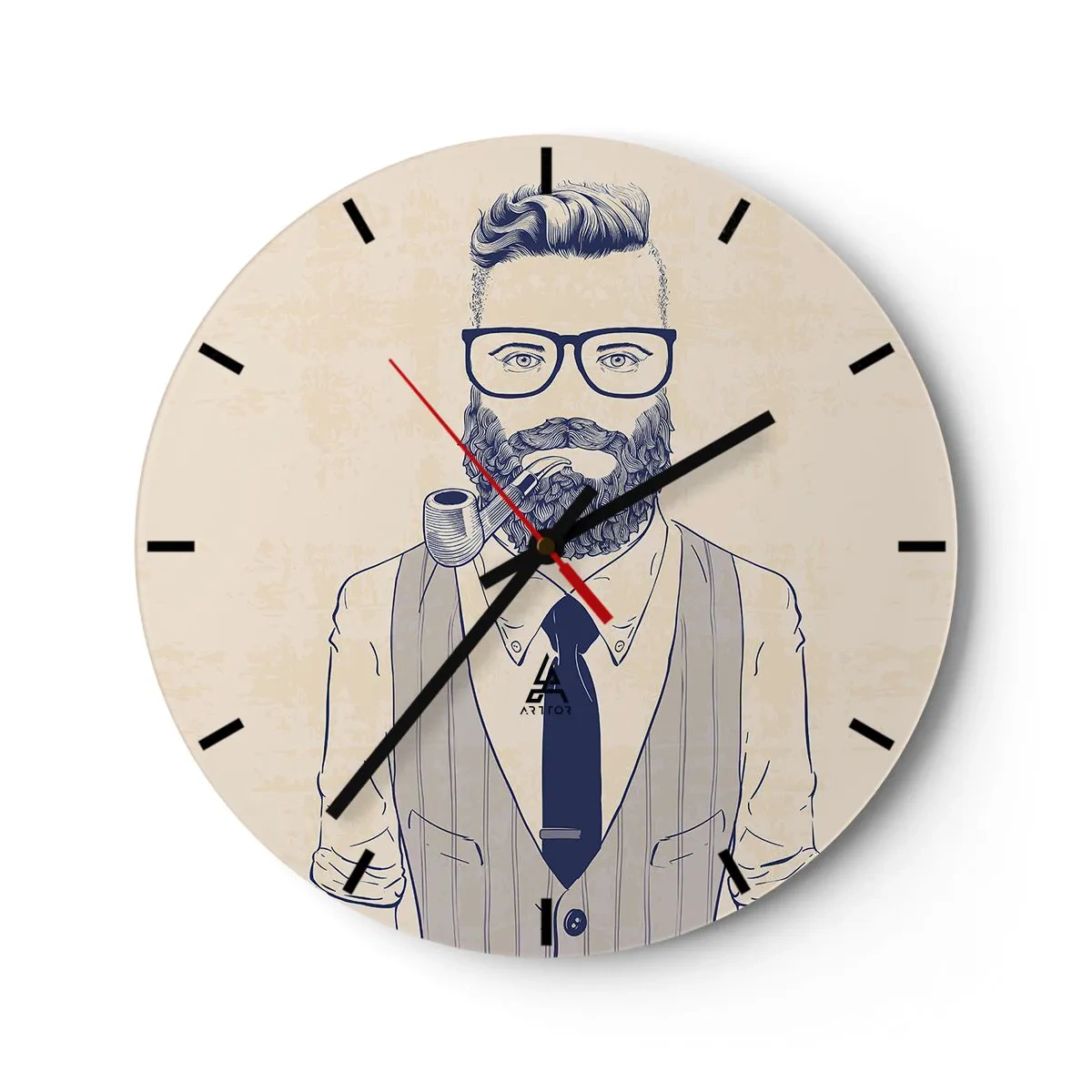 Relógio de parede - Relógio em vidro - Imagem hipster de um homem barbudo com um cachimbo - 30x30cm - Alegre, masculino e elegante - Decoração de parede moderna para a sala de estar, cozinha e quarto ARTTOR