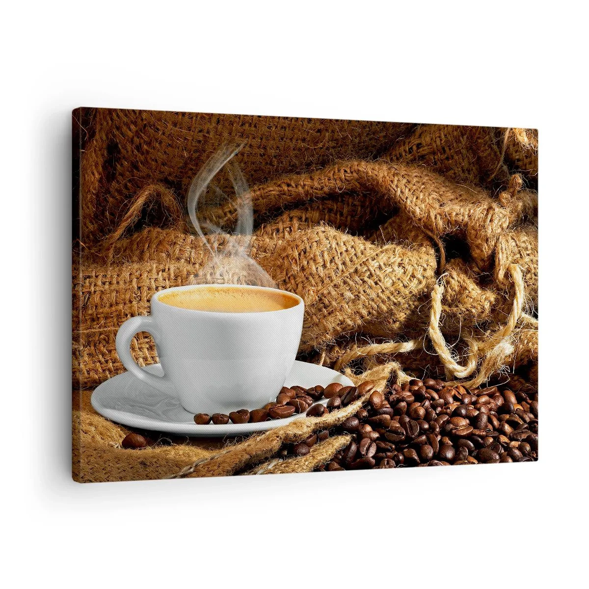Quadro em tela - Uma xícara de café cercada por um saco de grãos de café - 70x50cm - O cheiro de moka e a densidade do líquido de mel - Decoração de parede moderna para a sala de estar e quarto ARTTOR