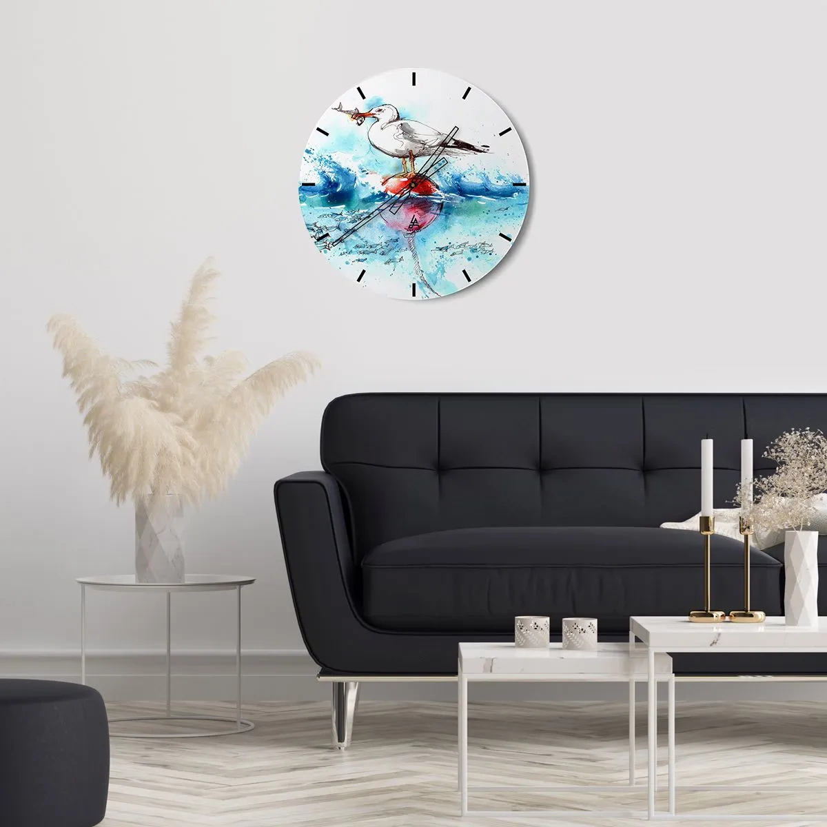Relógio de parede - Relógio em vidro - Uma gaivota com um peixe em uma bóia entre as ondas, retratada em estilo aquarela - 30x30cm - Pesca bem sucedida - Decoração de parede moderna para a sala de estar, cozinha e quarto ARTTOR
