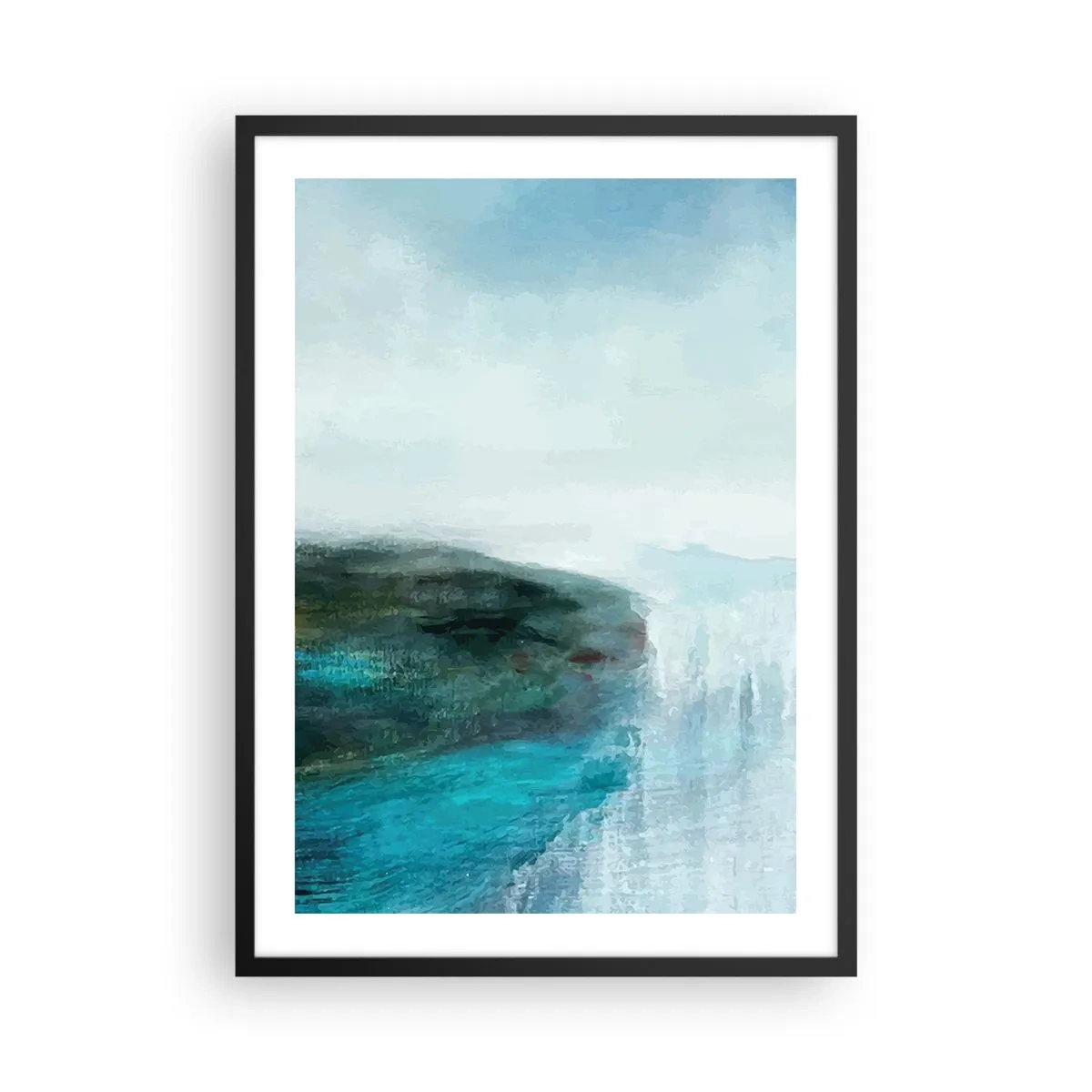 Pôster com moldura preta - Uma paisagem pitoresca com um penhasco sobre a água em tons de azul. - 50x70cm - Abstração náutica - Decoração de parede moderna para a sala de estar e quarto ARTTOR