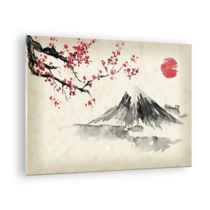 Quadro em vidro - Pintura em aquarela japonesa de uma montanha e um galho florido - 70x50cm - Ame o Japão - Decoração de parede moderna para a sala de estar e quarto ARTTOR