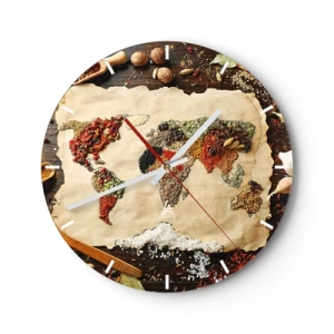 Relógio de parede - Relógio em vidro - Mapa-múndi feito de especiarias sobre fundo de madeira - 30x30cm - Todos os gostos do mundo - Decoração de parede moderna para a sala de estar, cozinha e quarto ARTTOR