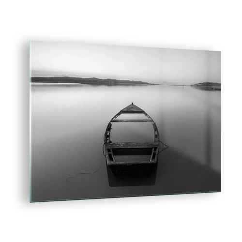 Quadro em vidro - Um velho barco em uma superfície calma de água em preto e branco - 70x50cm - Saudade e melancolia - Decoração de parede moderna para a sala de estar e quarto ARTTOR