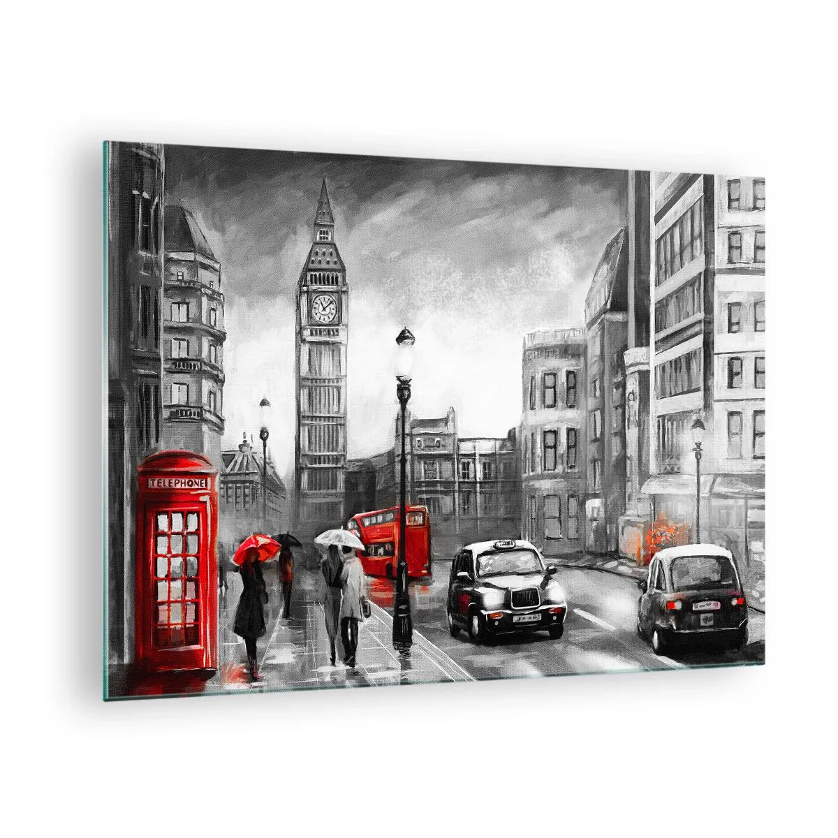 Quadro em vidro - O Big Ben e as ruas de Londres com detalhes em vermelho sobre fundo cinza - 70x50cm - Não é uma cidade cinzenta - Decoração de parede moderna para a sala de estar e quarto ARTTOR