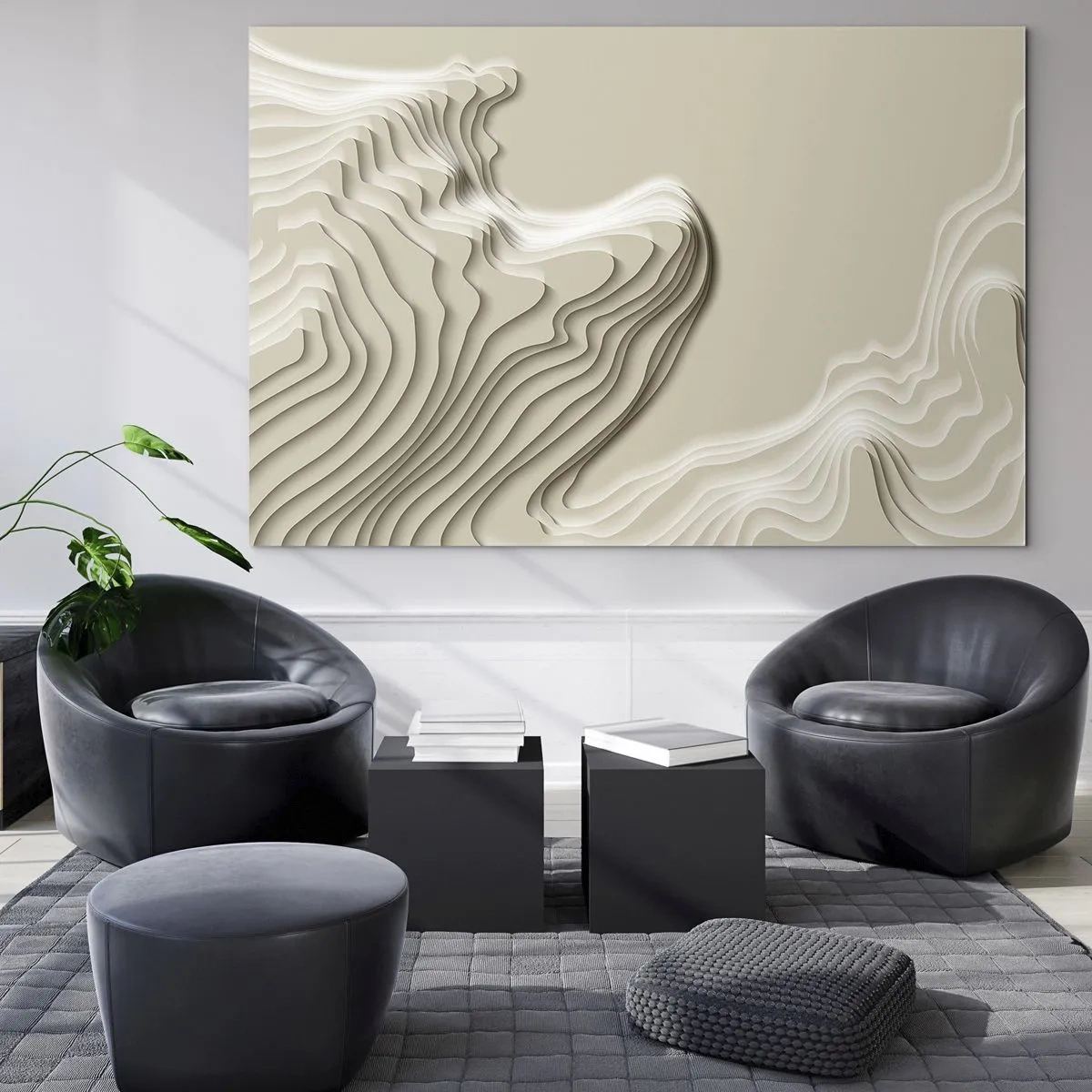 Quadro em vidro - Abstração minimalista com linhas topográficas sobre fundo bege. - 70x50cm - Topografia da arte - Decoração de parede moderna para a sala de estar e quarto ARTTOR