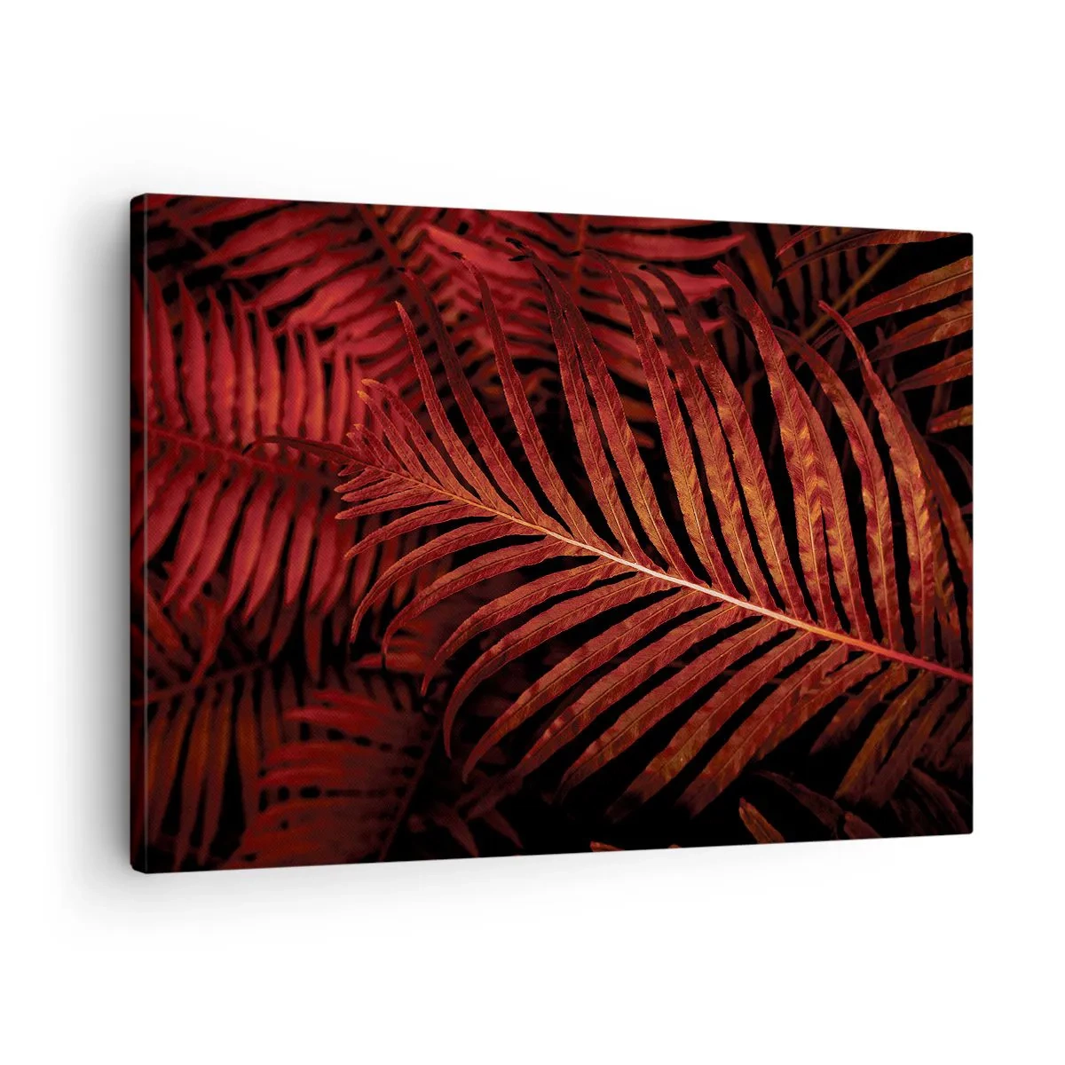 Quadro em tela - Close-up de folhas tropicais vermelhas - 70x50cm - O calor da vida - Decoração de parede moderna para a sala de estar e quarto ARTTOR