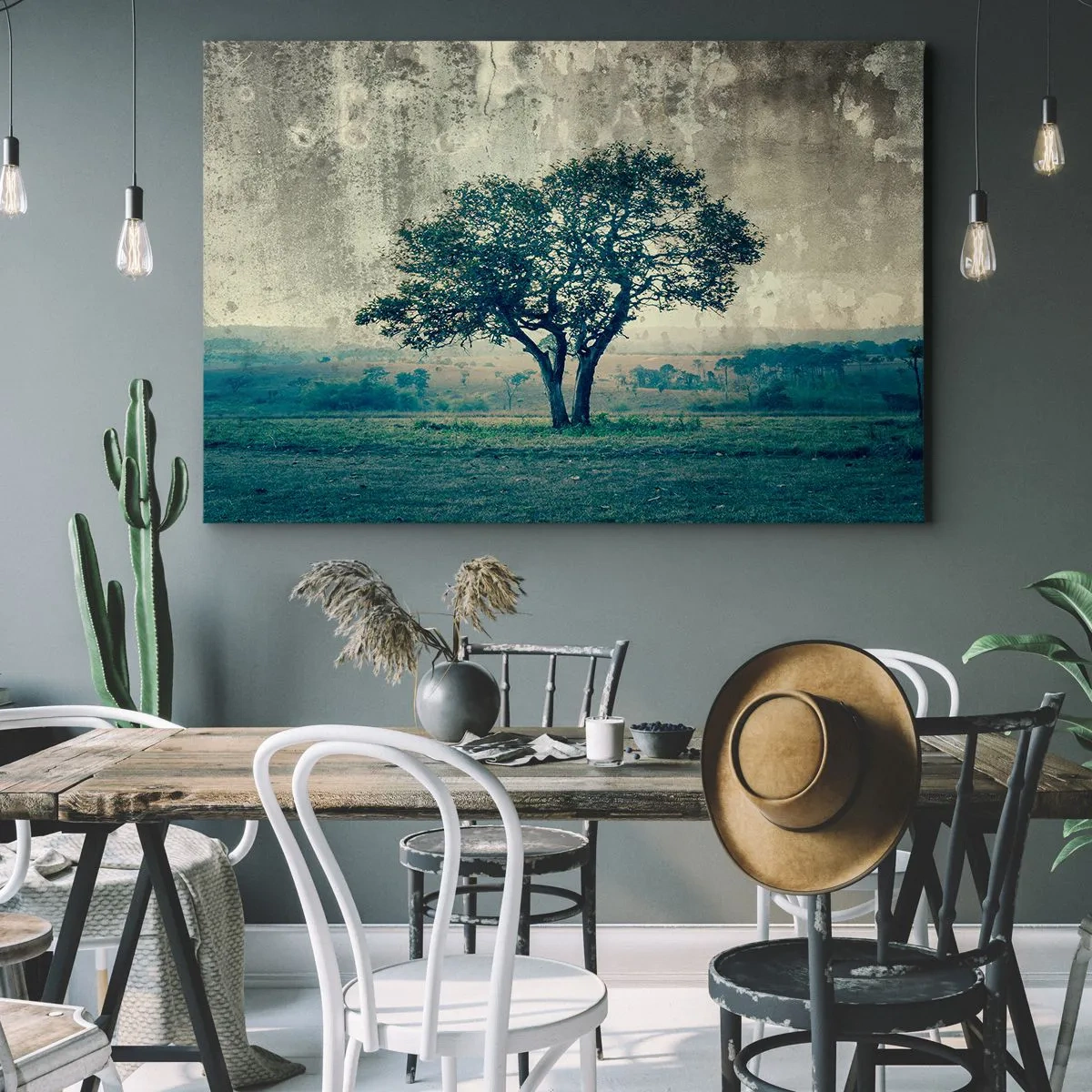 Quadro em tela - Uma árvore solitária em uma paisagem enevoada - 70x50cm - Uma macieira num prado azul? - Decoração de parede moderna para a sala de estar e quarto ARTTOR
