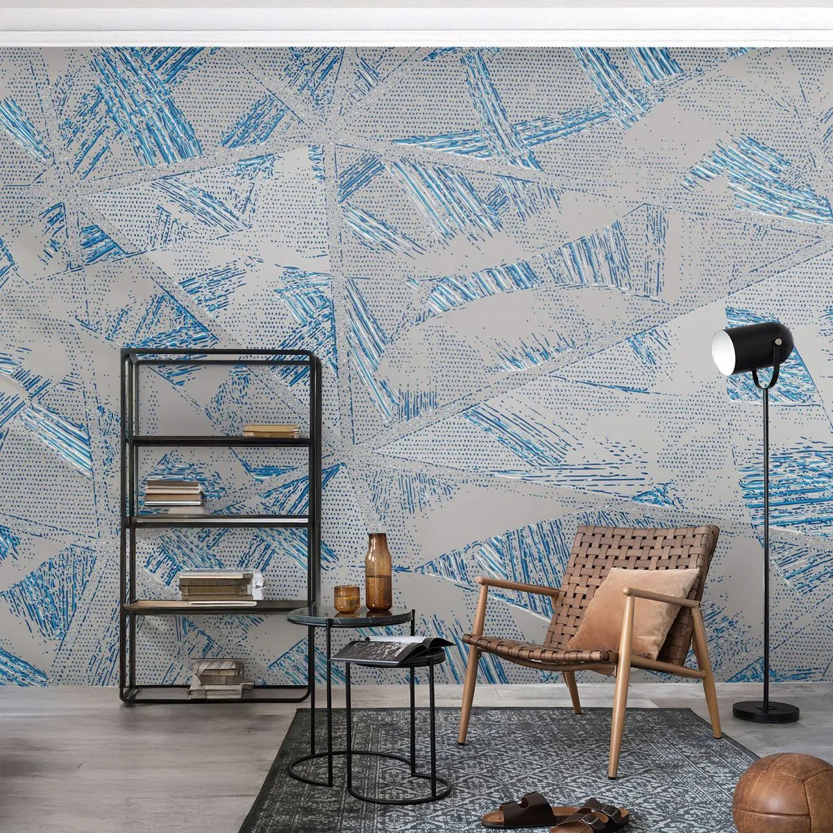 Papel de Parede Autocolante Deluxe Sticker - Em um labirinto azul e cinza - Rabiscos, Brilhante, Caos - 400x280 cm