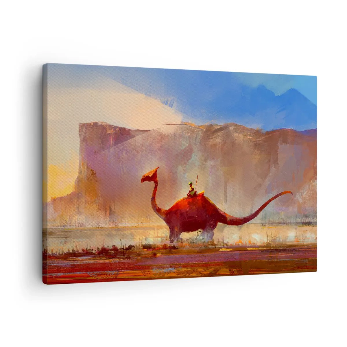 Quadro em tela - Uma cena de fantasia com um cavaleiro em uma criatura pré-histórica - 70x50cm - Se não estivessem extintos - Decoração de parede moderna para a sala de estar e quarto ARTTOR
