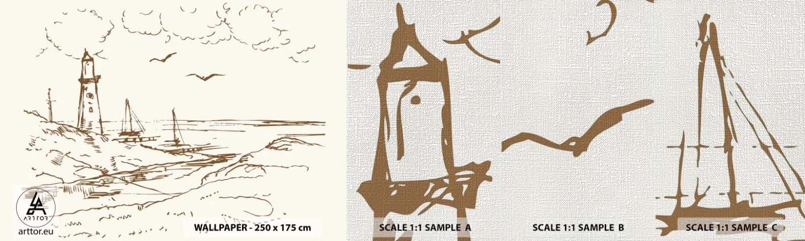 Amostra de papel de parede Premium Canvas - Esboço das memórias do verão - Gráficos, Costa, Farol - 100x30 cm