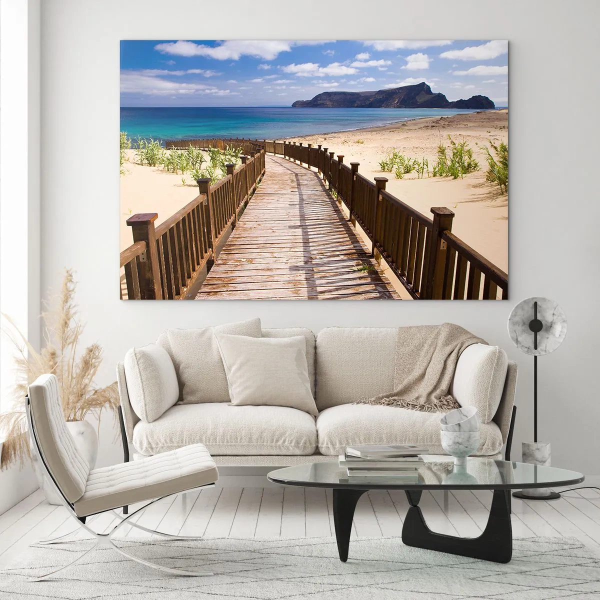 Quadro em vidro - Caminho de madeira na praia que leva ao mar - 70x50cm - Leve-me para as ilhas felizes - Decoração de parede moderna para a sala de estar e quarto ARTTOR