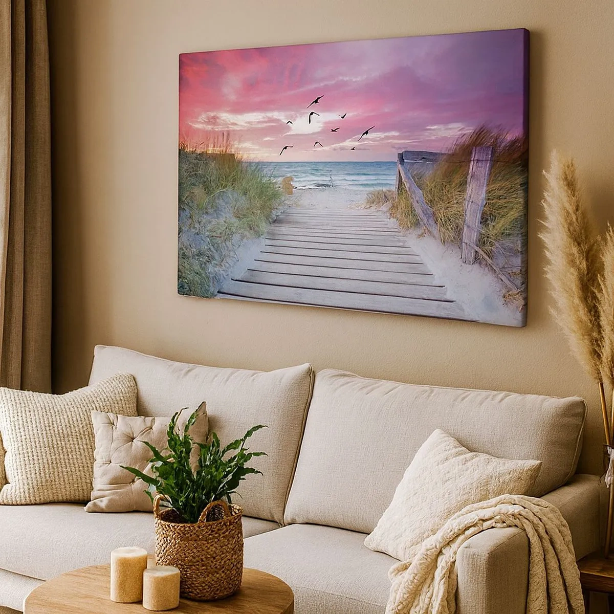 Quadro em tela - Caminho de madeira na praia ao pôr do sol rosa - 70x50cm - Impressão do Báltico - Decoração de parede moderna para a sala de estar e quarto ARTTOR