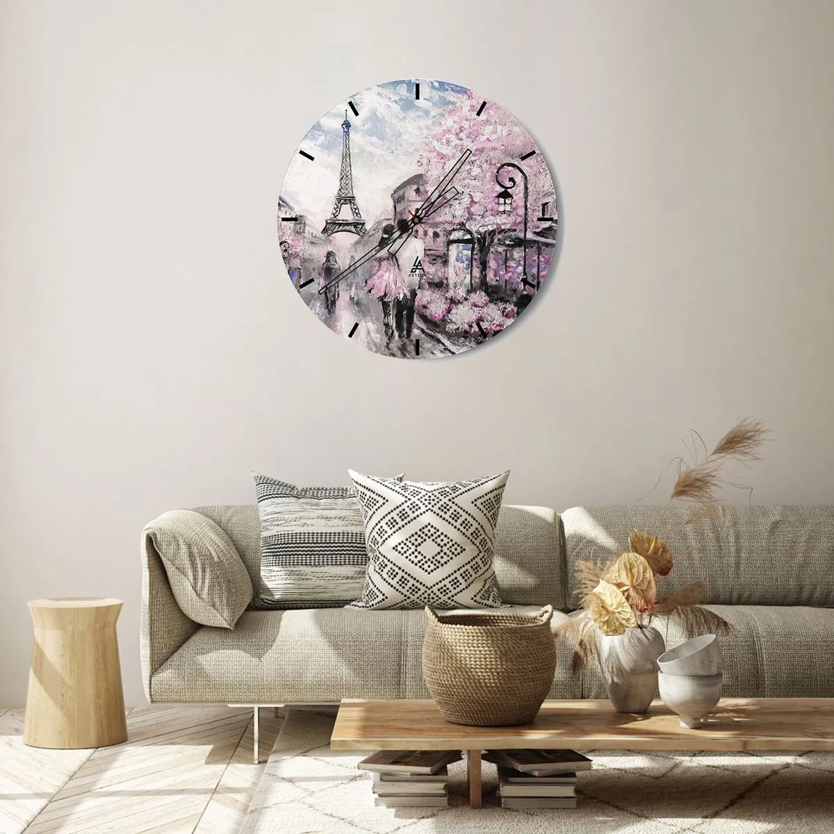 Relógio de parede - Relógio em vidro - Vista romântica de Paris com a Torre Eiffel e árvores floridas - 30x30cm - Como for se apaixonar, somente em... - Decoração de parede moderna para a sala de estar, cozinha e quarto ARTTOR
