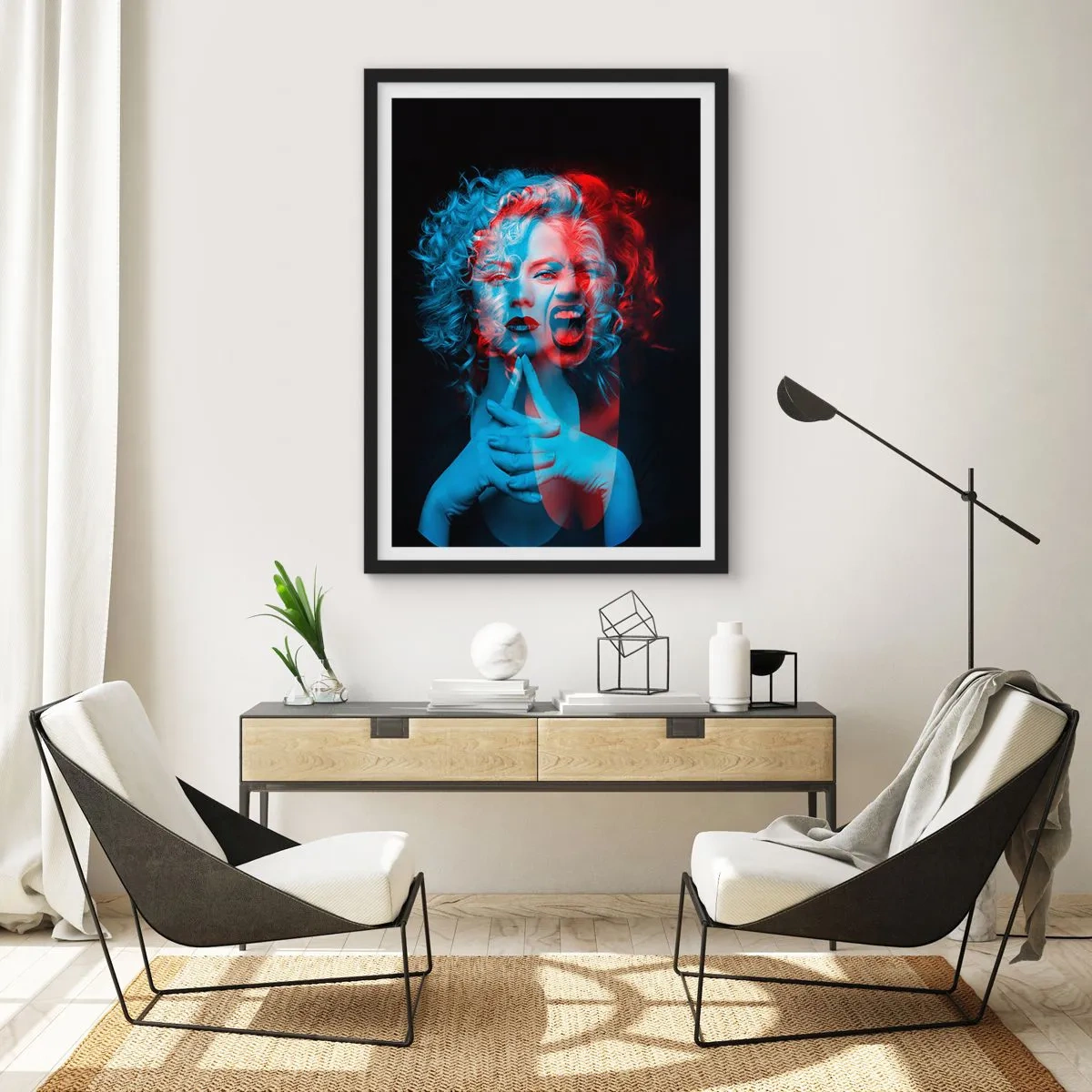 Pôster com moldura preta - Retrato artístico de uma mulher em efeitos 3D em vermelho e azul. - 50x70cm - O outro eu - Decoração de parede moderna para a sala de estar e quarto ARTTOR