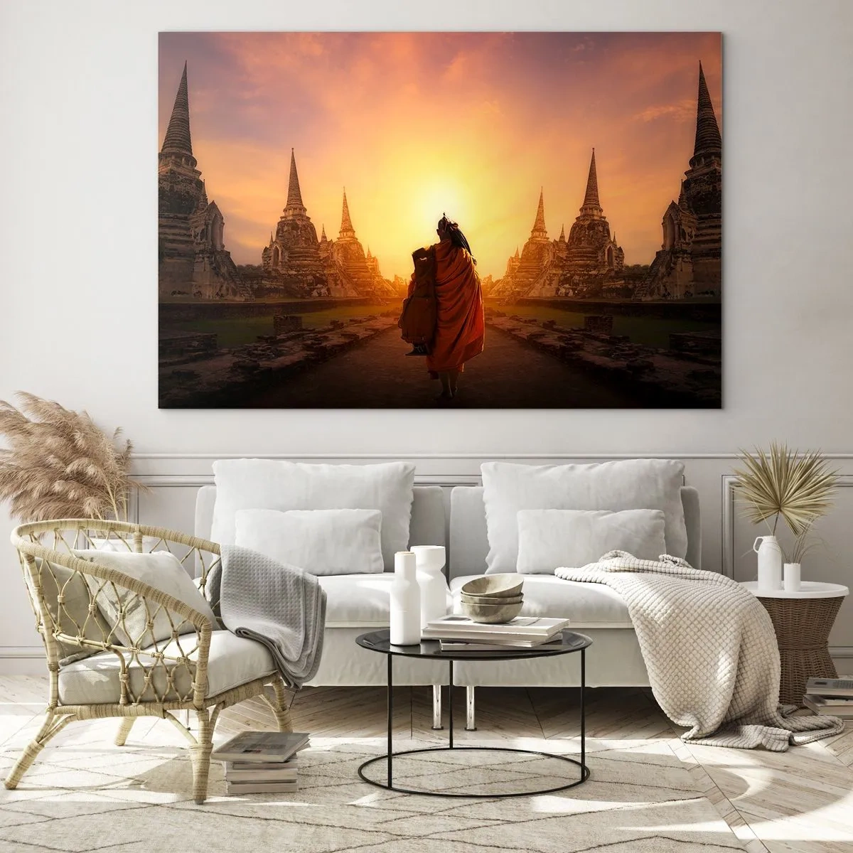 Quadro em vidro - Um monge tendo como pano de fundo o pôr do sol e templos na Ásia - 70x50cm - Em paz para a eternidade - Decoração de parede moderna para a sala de estar e quarto ARTTOR