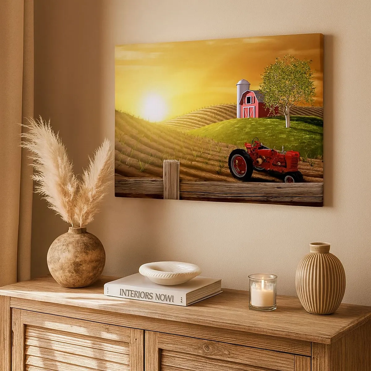 Quadro em tela - Paisagem rural com um celeiro vermelho, trator e nascer do sol - 70x50cm - Uma fazenda como num conto de fadas - Decoração de parede moderna para a sala de estar e quarto ARTTOR