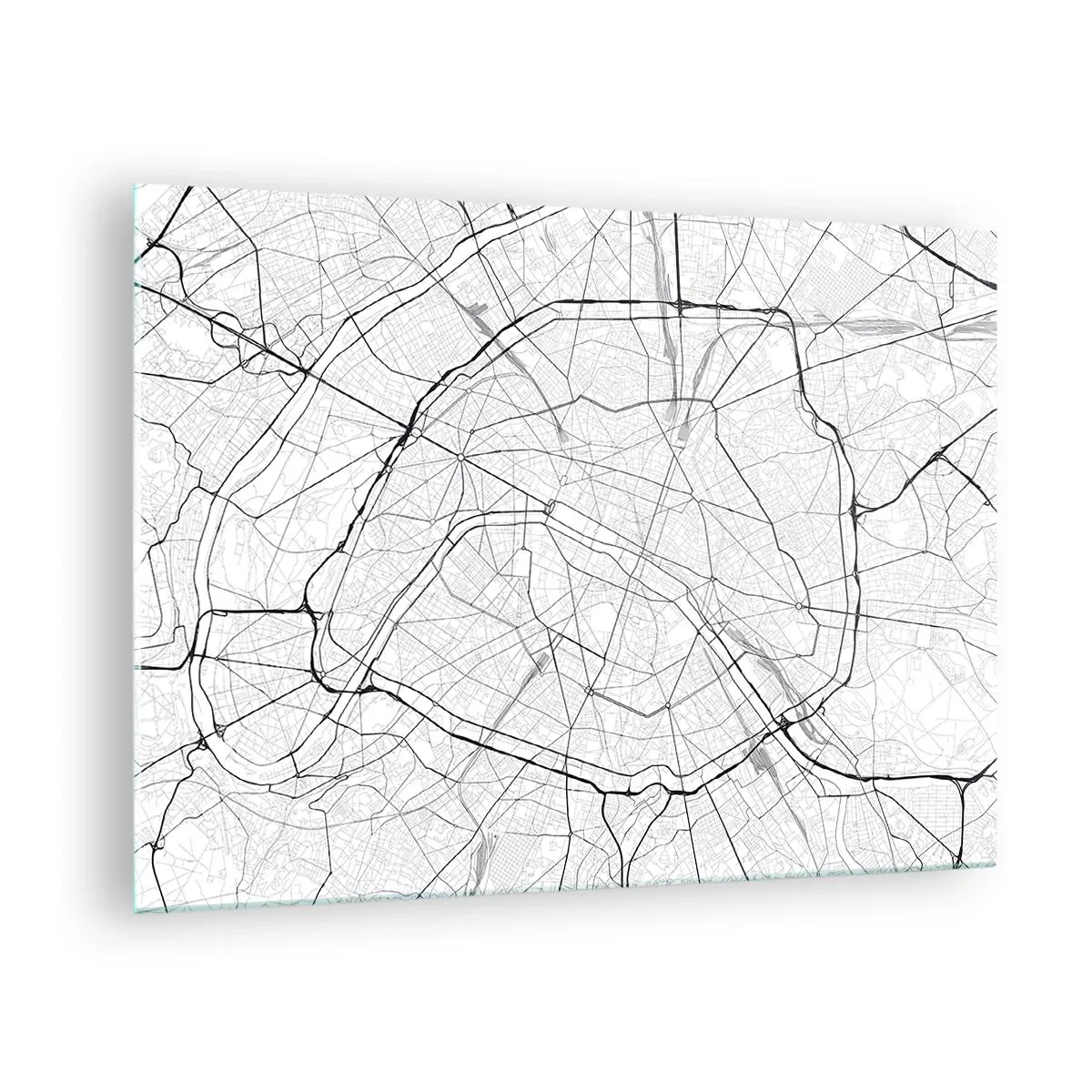 Quadro em vidro - Mapa da cidade em preto e branco com grade de ruas e artérias circulares - 70x50cm - Flor de Paris - Decoração de parede moderna para a sala de estar e quarto ARTTOR