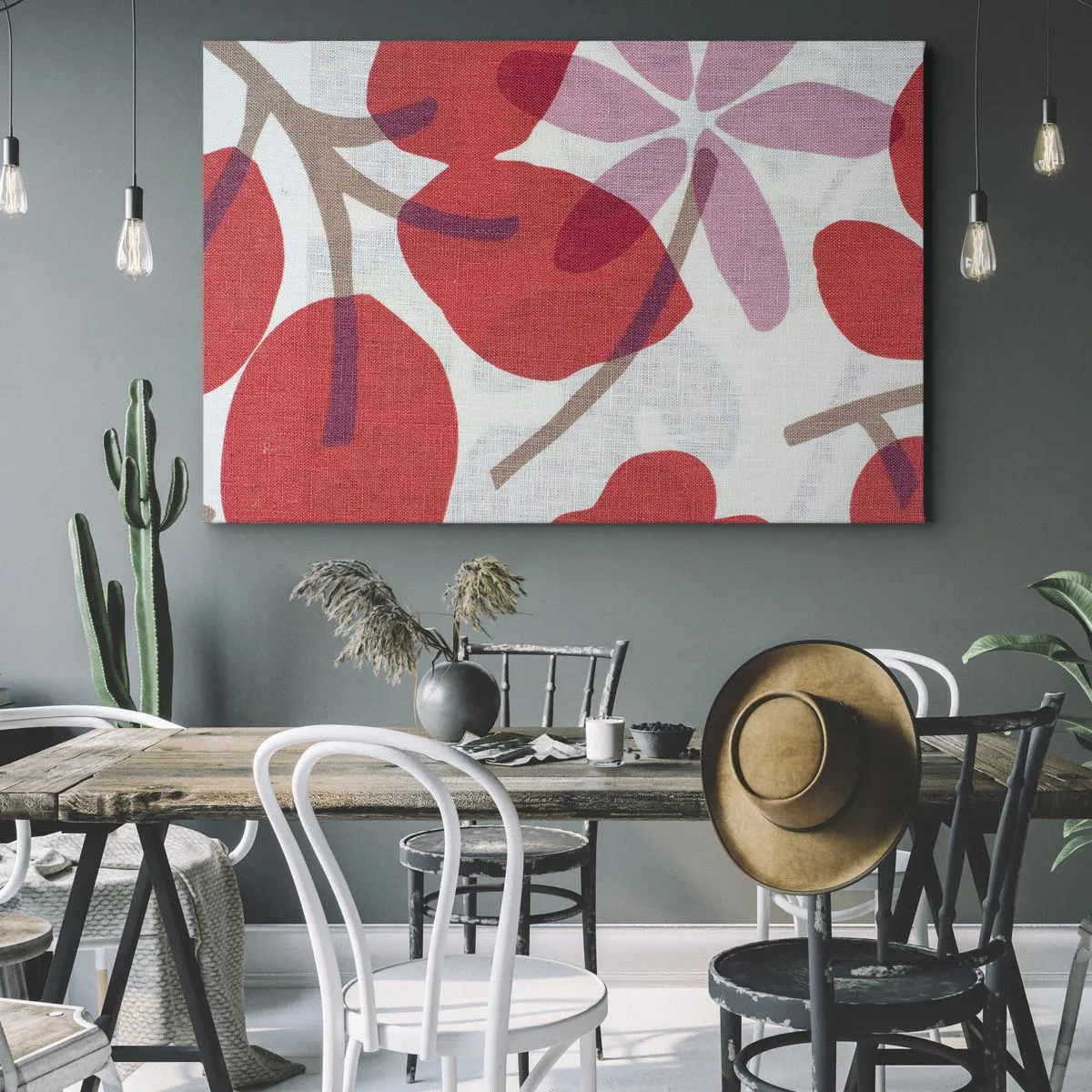 Quadro em tela - Flores e folhas em tons de vermelho e rosa - 70x50cm - Arranjo de flores em rosa - Decoração de parede moderna para a sala de estar e quarto ARTTOR