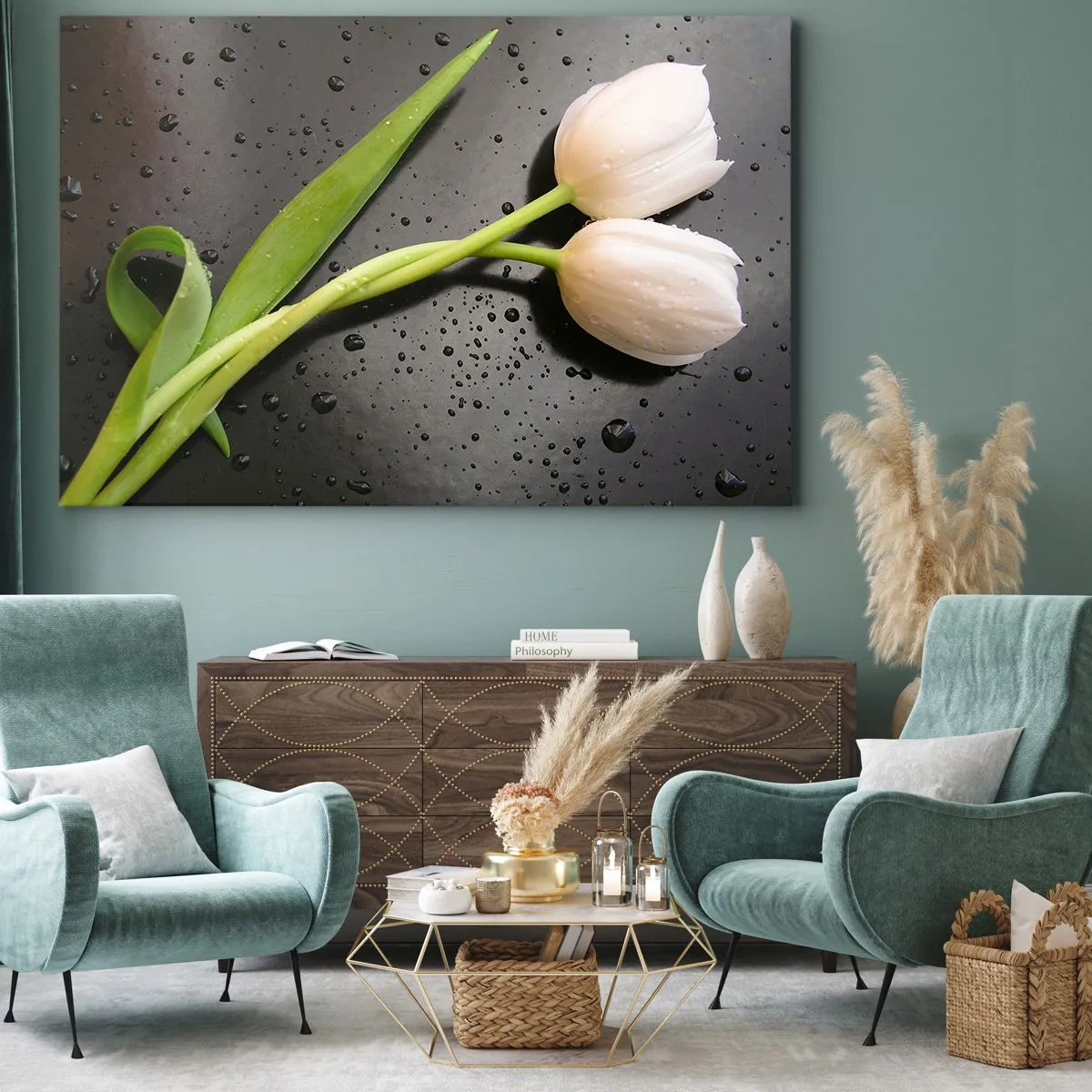 Quadro em tela - Tulipas brancas em um fundo preto com gotas de água - 70x50cm - Trançado  de primavera - Decoração de parede moderna para a sala de estar e quarto ARTTOR