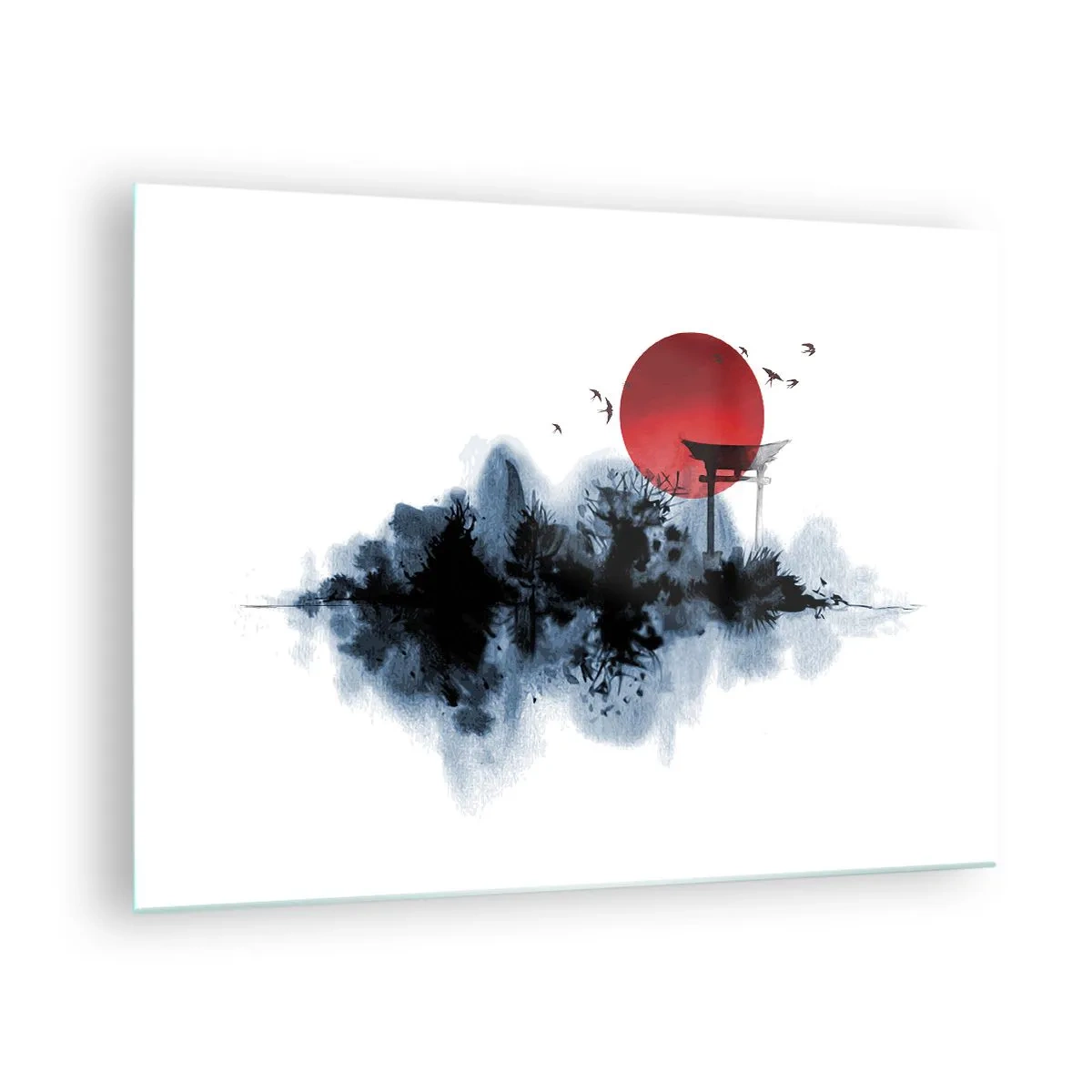 Quadro em vidro - Uma paisagem minimalista com um portão torii e um sol vermelho. - 70x50cm - Vista japonesa - Decoração de parede moderna para a sala de estar e quarto ARTTOR