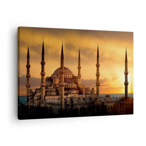 Quadro em tela - A mesquita ao pôr do sol em cores quentes - 70x50cm - Deus é grande - Decoração de parede moderna para a sala de estar e quarto ARTTOR