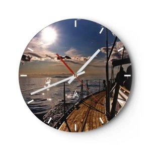 Relógio de parede - Relógio em vidro - Uma vista ensolarada do mar calmo do convés de um iate - 30x30cm - Sob velas em direção ao sol - Decoração de parede moderna para a sala de estar, cozinha e quarto ARTTOR