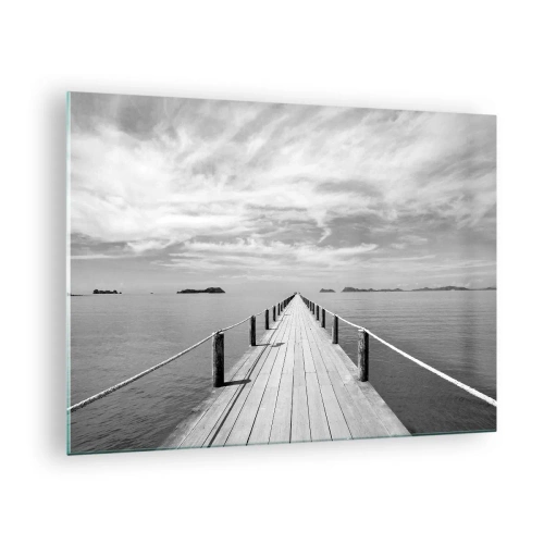 Quadro em vidro - Um píer de madeira que se estende ao longe através de um mar calmo - 70x50cm - Talvez uma viagem... - Decoração de parede moderna para a sala de estar e quarto ARTTOR