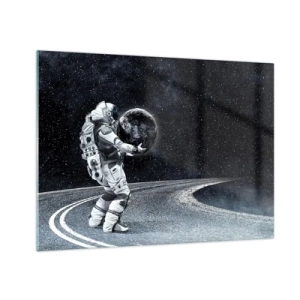 Quadro em vidro - Um astronauta carregando a Terra em seu caminho através do universo - 70x50cm - Na Via Láctea - Decoração de parede moderna para a sala de estar e quarto ARTTOR