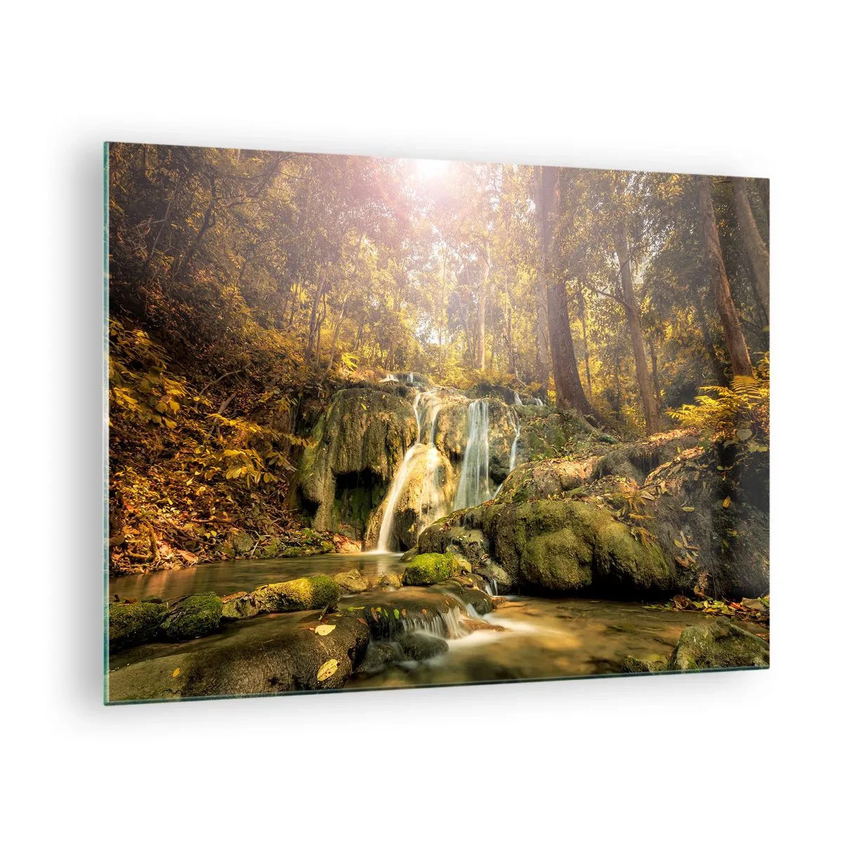 Quadro em vidro - Cascata florestal na vegetação - 70x50cm - Cascata na floresta - Decoração de parede moderna para a sala de estar e quarto ARTTOR