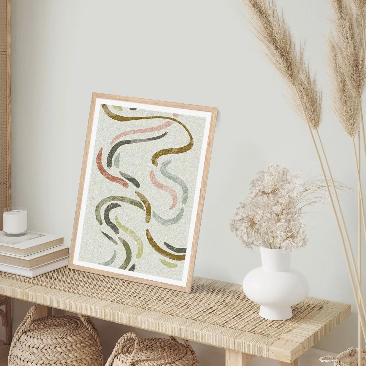 Pôster com moldura de carvalho claro - Uma alegre dança de abstração - 70x100 cm