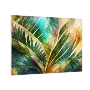 Quadro em vidro - Folhas coloridas com um toque tropical - 70x50cm - As cores dos trópicos - Decoração de parede moderna para a sala de estar e quarto ARTTOR
