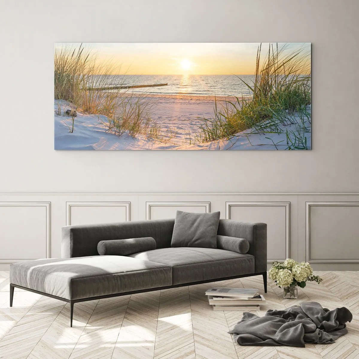 Quadro em vidro - O som do mar, o canto dos pássaros, a praia selvagem entre a relva... - 120x50 cm