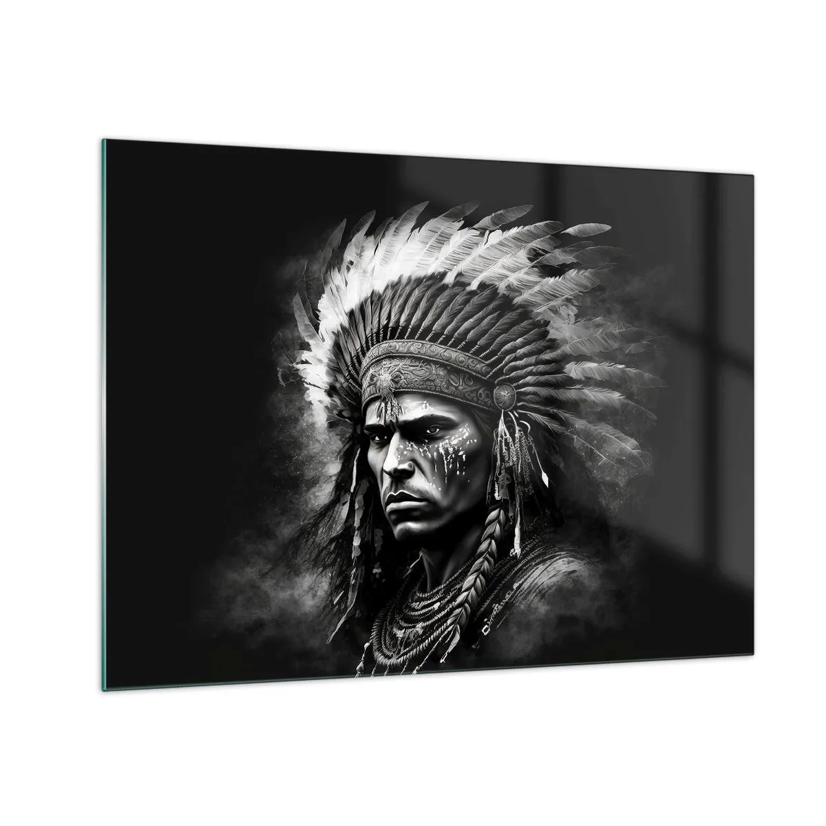 Quadro em vidro - Retrato em preto e branco de um guerreiro com um cocar de penas - 70x50cm - Um líder e um guerreiro - Decoração de parede moderna para a sala de estar e quarto ARTTOR