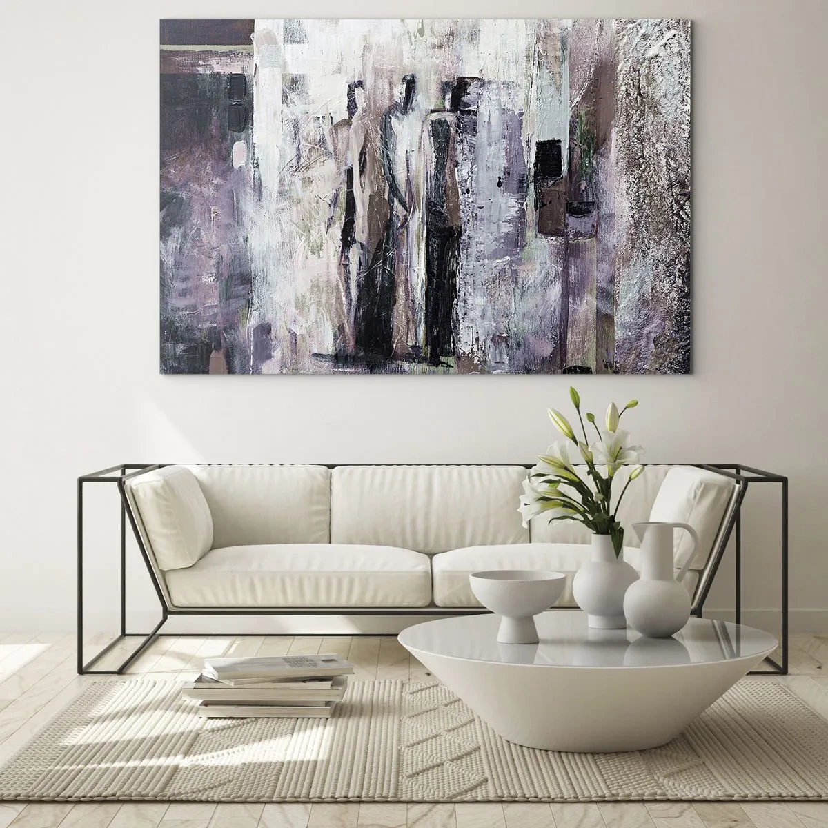 Quadro em vidro - Silhuetas abstratas de figuras contra um fundo de tinta texturizada - 70x50cm - Três misteriosos - Decoração de parede moderna para a sala de estar e quarto ARTTOR