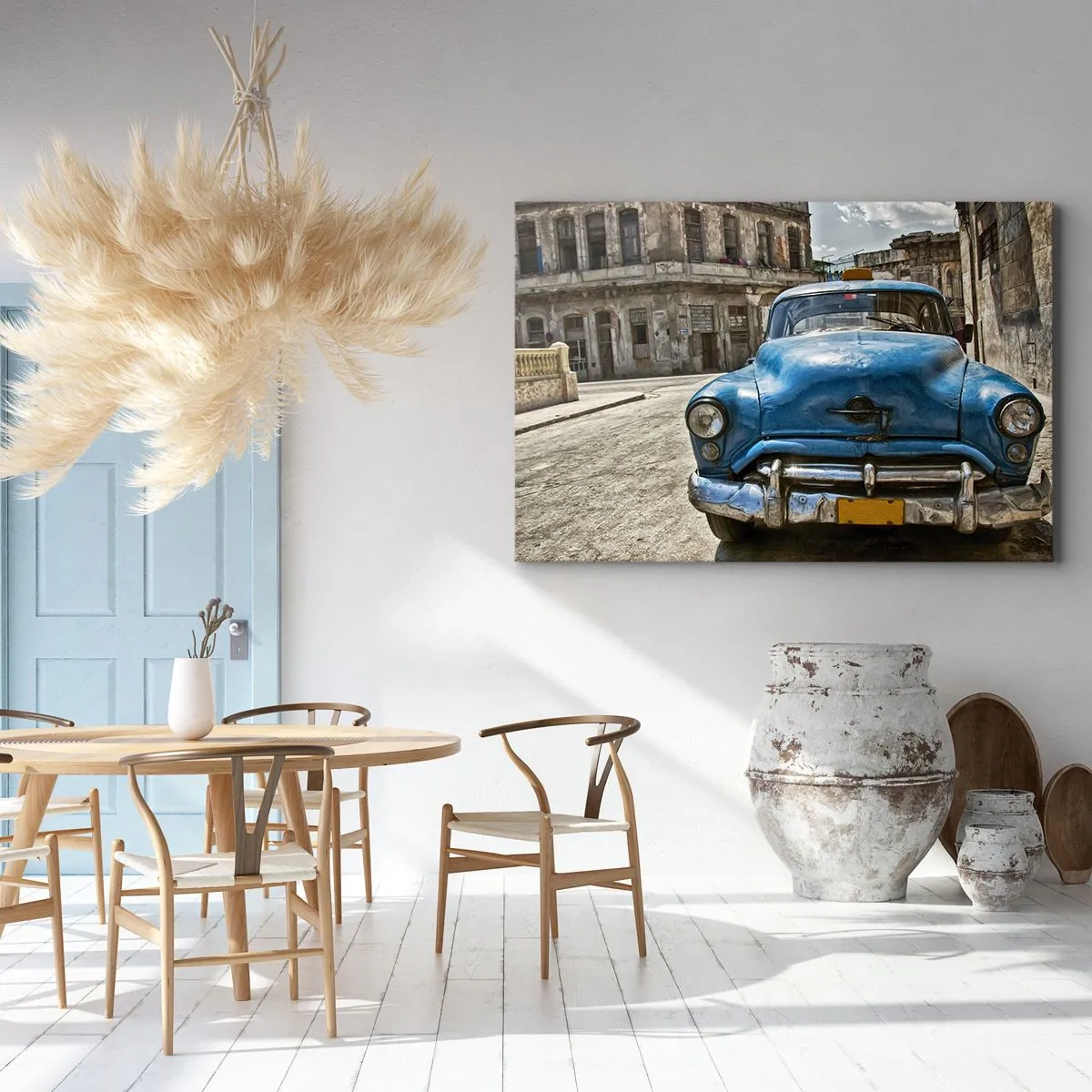Quadro em tela - Um velho carro azul na rua em estilo retrô - 70x50cm - O antigo é lindo - Decoração de parede moderna para a sala de estar e quarto ARTTOR