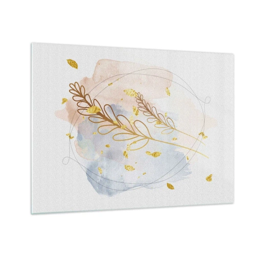 Quadro em vidro - Uma delicada composição com galhos e folhas douradas em aquarela - 70x50cm - Explosão dourada - Decoração de parede moderna para a sala de estar e quarto ARTTOR