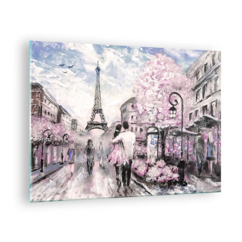 Quadro em vidro - Casal romântico em Paris com a Torre Eiffel ao fundo - 70x50cm - Como for se apaixonar, somente em... - Decoração de parede moderna para a sala de estar e quarto ARTTOR
